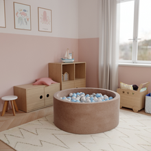 Load image into Gallery viewer, Round Ball Pit - Velvet Mocha - 90X40 W200 Balls (White, Transparent, Light Grey, Baby Blue)