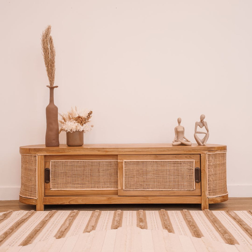 Natura Pia Solid Wood and Rattan Curve TV Stand